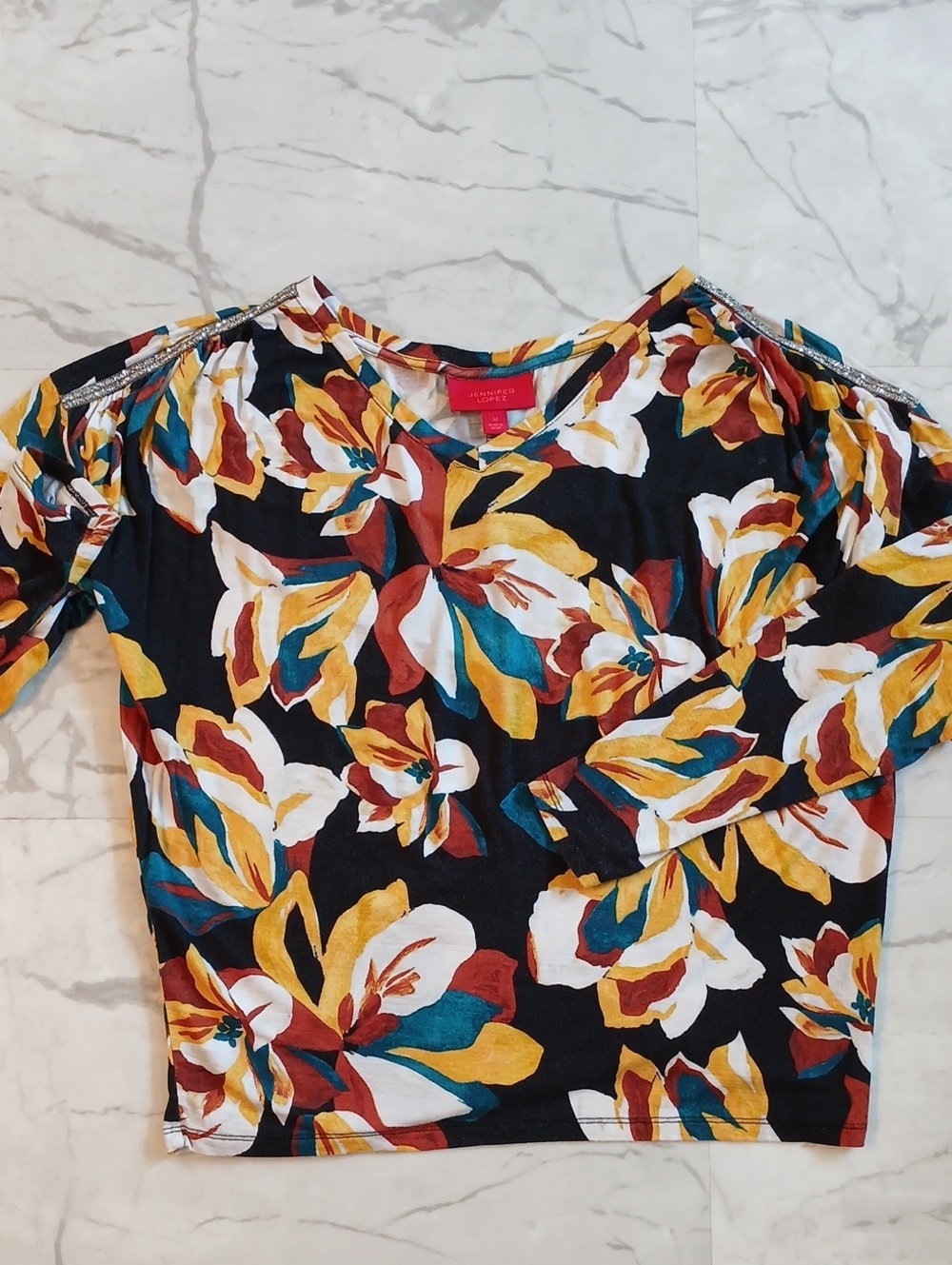 Jennifer Lopez Tropical Cold Shoulder Blouson Top with Rhinestone Trim Medium